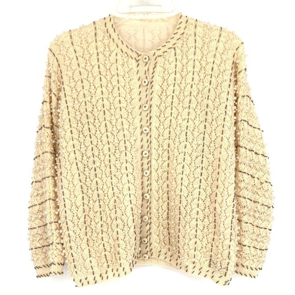 Vtg Doreen Hand Knit Cardigan Sweater Ivory Seed Bead Pearl Lined EU 40/ US 8-10 - Picture 1 of 13